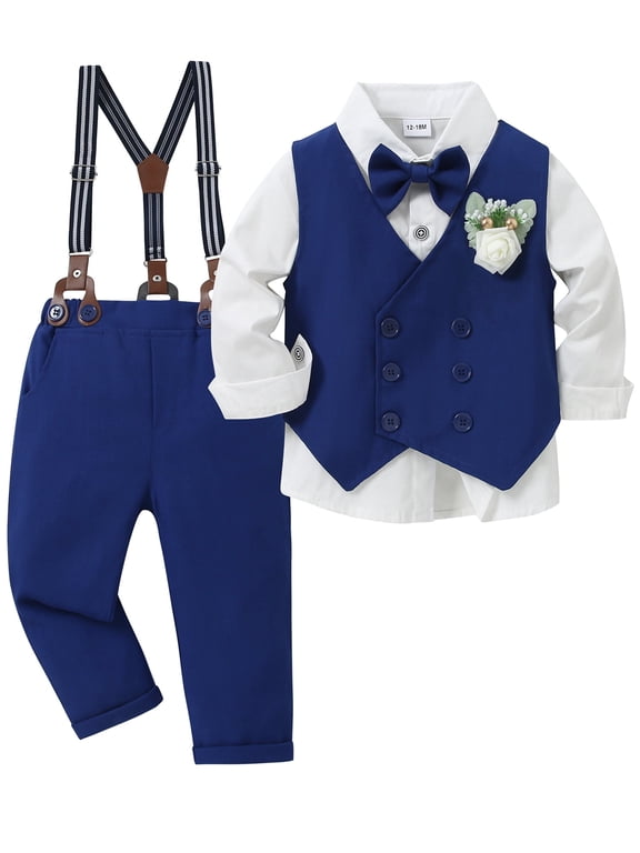 Toddler Boy Clothes Suit Wedding Outfits Dress Shirt Pants Vest Corsage Bowtie 5Pcs Set