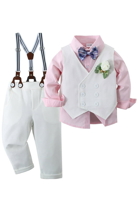 Toddler Boy Clothes Suit Wedding Outfits Dress Shirt Pants Vest Corsage Bowtie 5Pcs Set