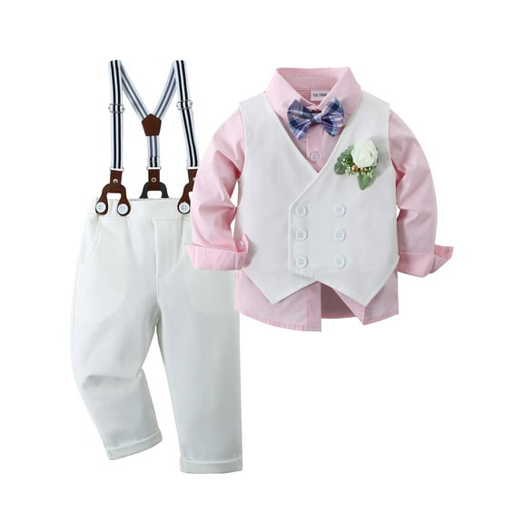 CARETOO Toddler Boy Clothes Suit Wedding Outfits Dress Shirt Pants Vest Corsage Bowtie 5Pcs Set