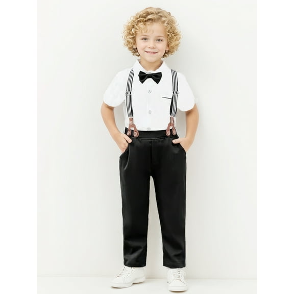 CARETOO Toddler Boy Clothes Suits Shirt Bowtie Suspender Pants Wedding Formal Outfit Cotton Fabric