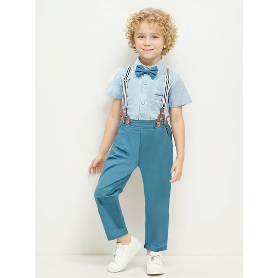 CARETOO Toddler Boy Clothes Suits Shirt Bowtie Suspender Pants Wedding Formal Outfit Cotton Fabric