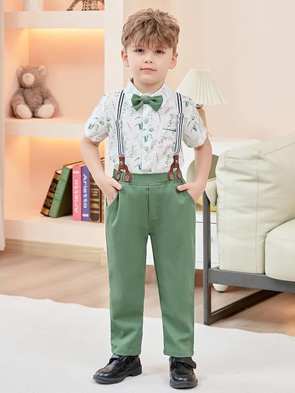 Toddler Boy Clothes Suits Shirt Bowtie Suspender Pants Wedding Formal Outfit Cotton Fabric