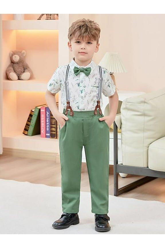 Toddler Boy Clothes Suits Shirt Bowtie Suspender Pants Wedding Formal Outfit Cotton Fabric