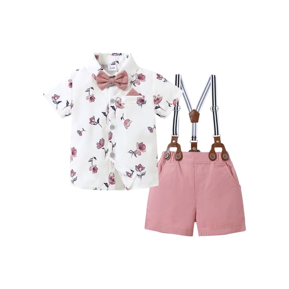 CARETOO Toddler Boy Clothes Suits Summer Formal Shirt Bowtie Suspender Shorts Pants 95% Cotton 3pcs