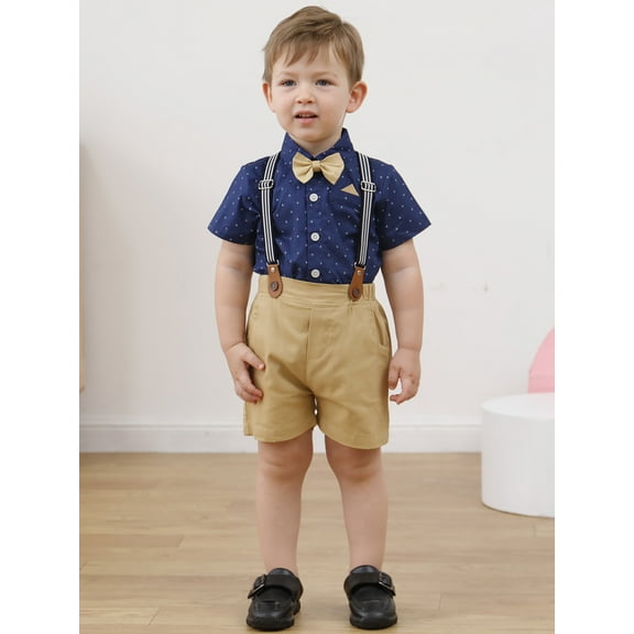 CARETOO Toddler Boy Clothes Suits Summer Formal Short Shirt Bowtie Suspender Shorts Cotton Fabric