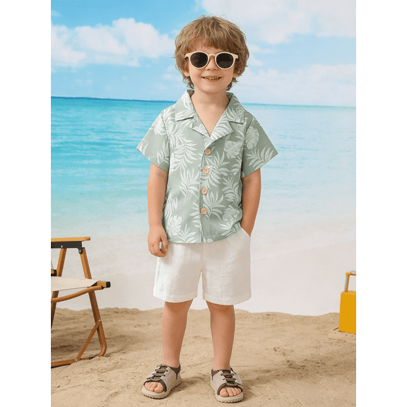 CARETOO Toddler Boy Clothes Summer Outfits Short Sleeve Button Down Shirt Shorts Beach Casual Set