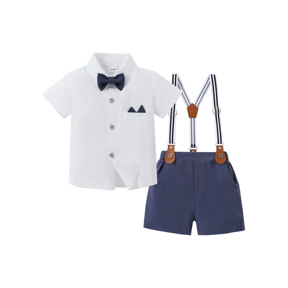 CARETOO Toddler Boy Outfits Short Sleeve Button Shirts Bowtie Suspender Shorts Formal Clothes 1-5T