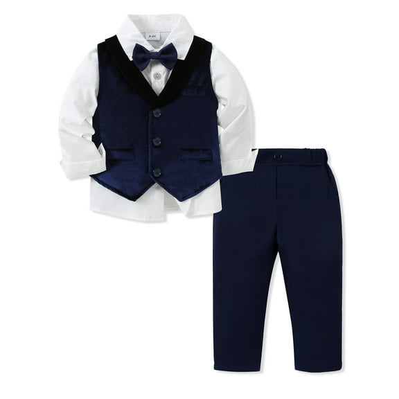 CARETOO Toddler Boy Suit 4Pcs Formal Outfit Long-Sleeves Shirt Pants Vest Bowtie Set Party Wedding