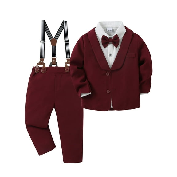 CARETOO Toddler Boy Suit 4Pcs Gentleman Outfits Dress Shirt Bowtie Jacket Suspender Pants Clothes