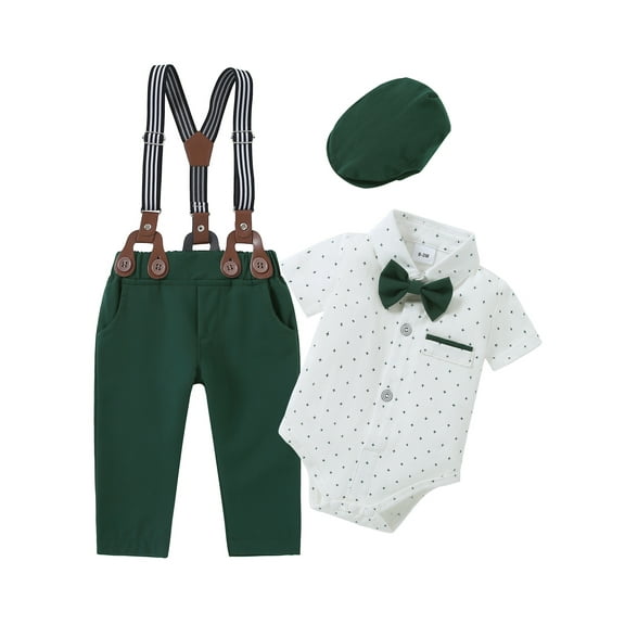 CARETOO Toddler Boy Suit Formal Outfit Tuxedo 4Pcs 95% Cotton Short Sleeve Shirt Pants Bowtie Beret
