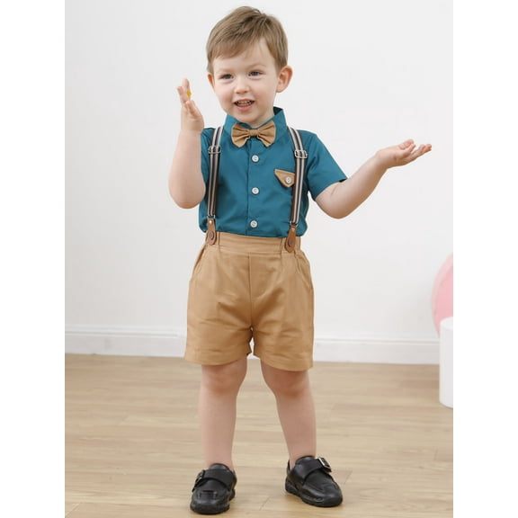 CARETOO Toddler Boys Clothes Suit Short Top Shirt Bowtie Suspenders Shorts 12M-5T Formal Outfits