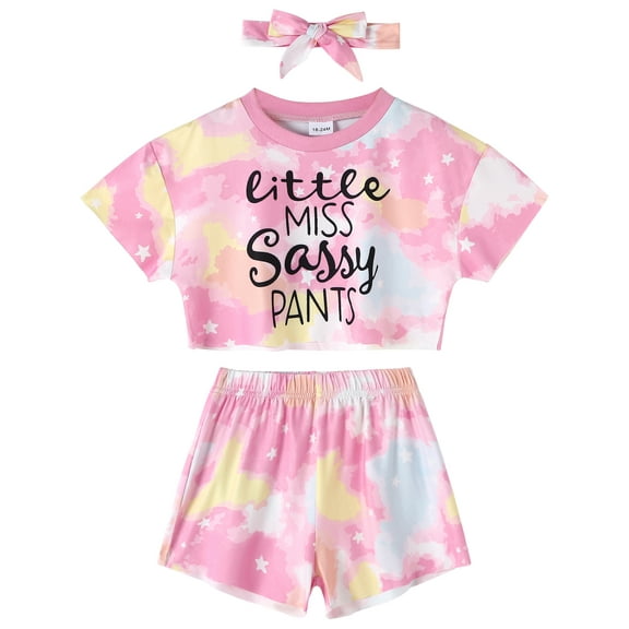 CARETOO Toddler Girl Clothes 1-5T Casual Floral Gradient Shirt Shorts Headband 3pcs Cotton Fabric