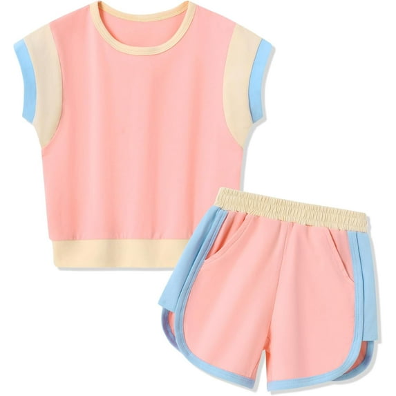 CARETOO Toddler Girl Clothes 2025 Summer Toddler Girls Color Block Short Sleeve Shorts Sweatsuit Outfits Size 2-3T