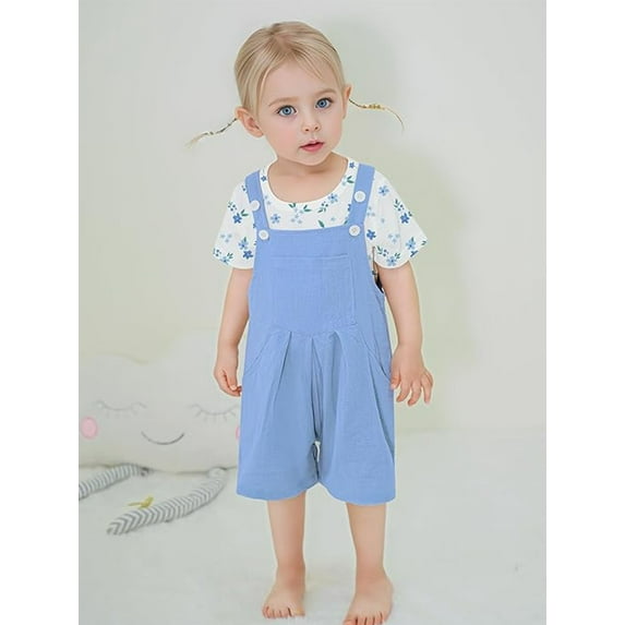 CARETOO Toddler Girl Clothes 2Pcs Baby Girl Outfits Floral T-Shirt Bib Overall Shorts Clothing Set