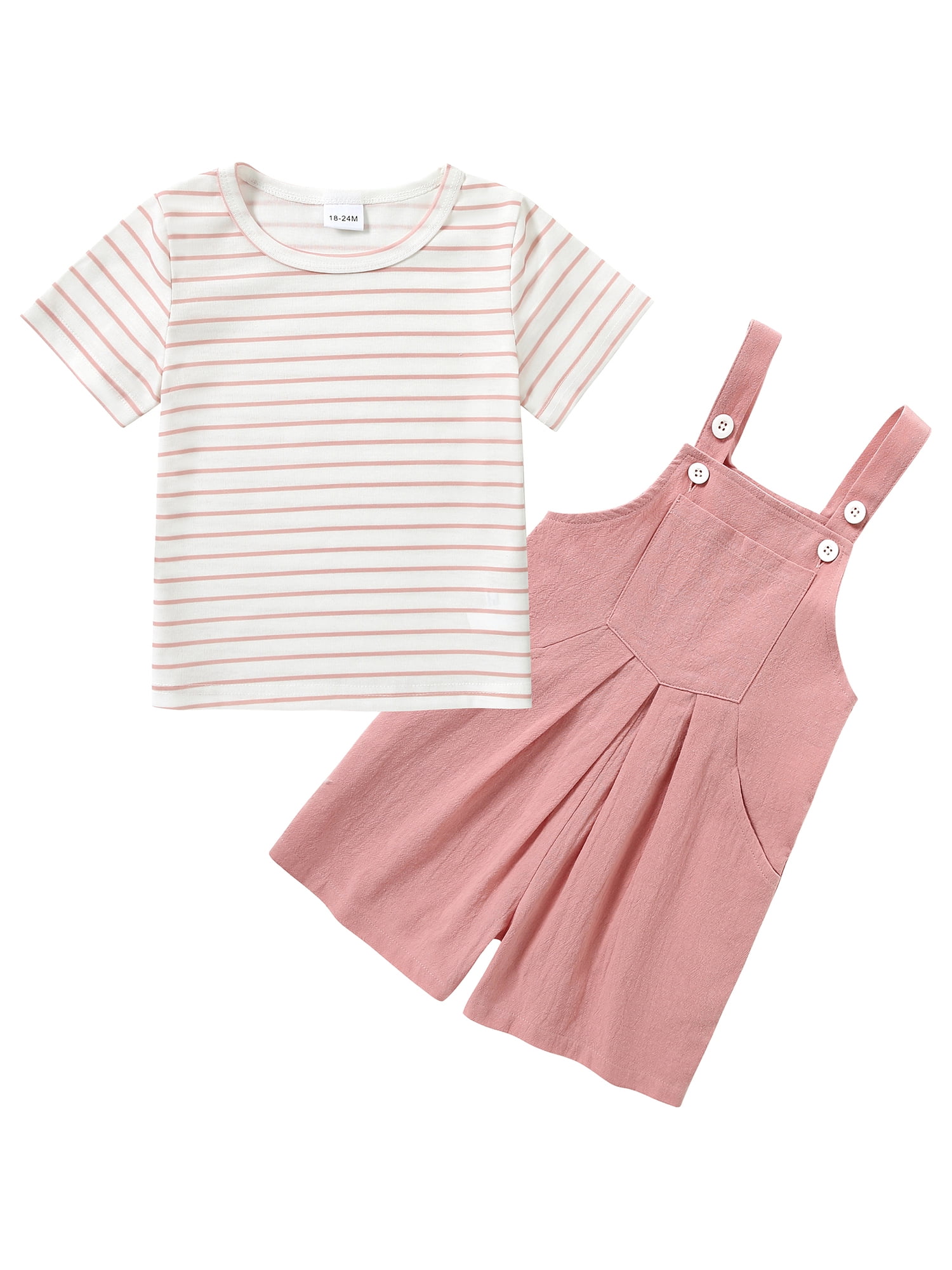 CARETOO Toddler Baby Girl Clothes Stripe Short Sleeve T-Shirt  Suspender Overalls Shorts Set 2Pcs Summer Outfits