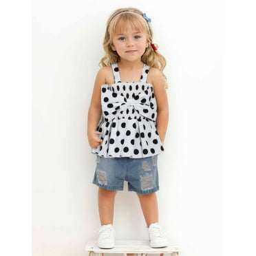 CARETOO Toddler Girl Clothes 2Pcs Summer Outfit Ruffle Sleeveless Tops Ripped Jeans Suits Cute Set