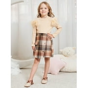 CARETOO Toddler Girl Clothes 2pcs Knit Top Sweatshirt Winter Casual Plaid Skirt Cotton Fabric 1-6T