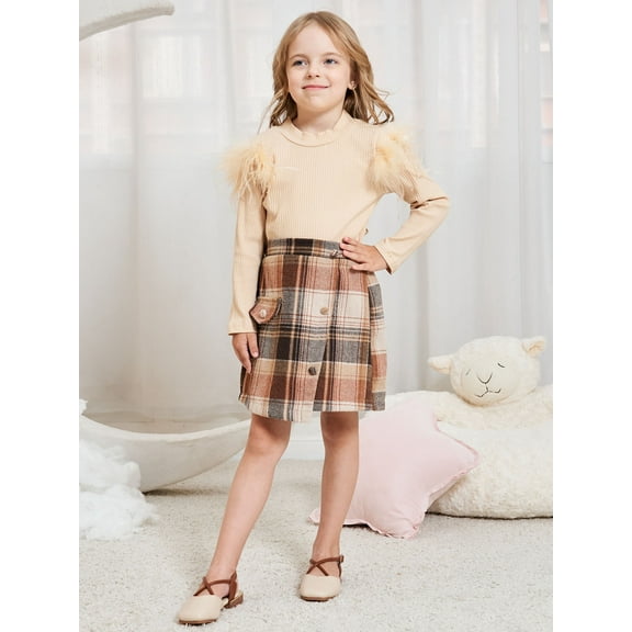 CARETOO Toddler Girl Clothes 2pcs Knit Top Sweatshirt Winter Casual Plaid Skirt Cotton Fabric 1-6T