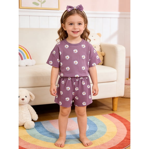 CARETOO Toddler Girl Clothes Baby Girls Outfits Summer Floral Print Shirt Shorts Headband 3pcs Set