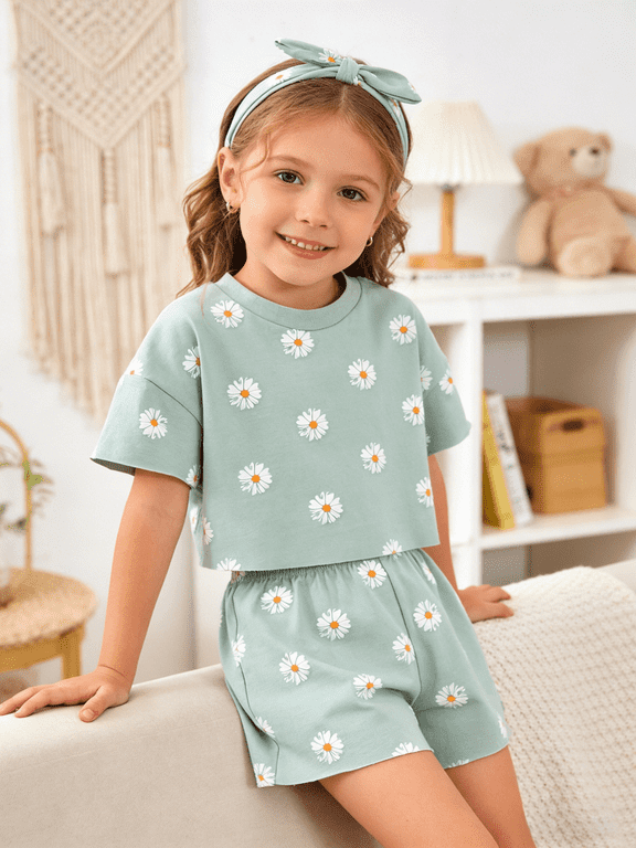 Toddler Girl Clothes Baby Girls Outfits Summer Floral Print Shirt Shorts Headband 3pcs Set