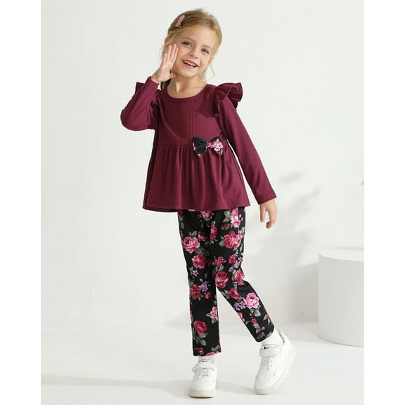 CARETOO Toddler Girl Clothes Long Sleeves Ruffle Top Floral Pants Cute Fall Winter Daily Casual Toddler Outfits Size 5t
