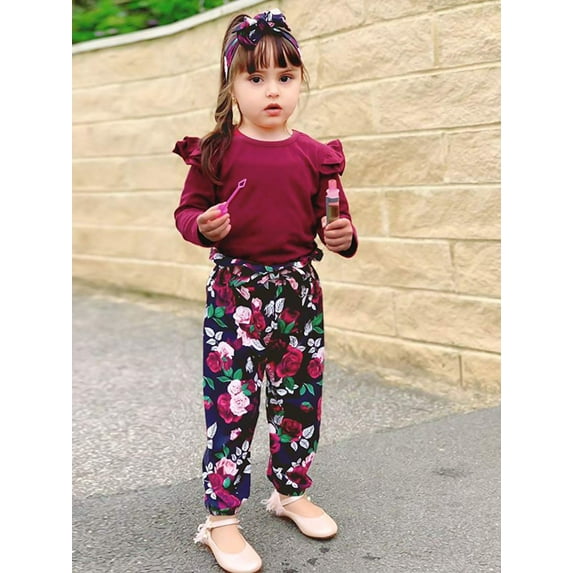 CARETOO Toddler Girl Clothes Outfits Cute Ruffle Sleeve Shirt Floral Pant+Headband 3Pcs Baby Girl Clothing Set 1-5T