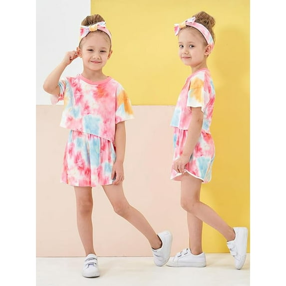 CARETOO Toddler Girl Clothes Set 1-5T Beach Casual Loose Top Tee Shorts Headband 3pcs Cotton Fabric