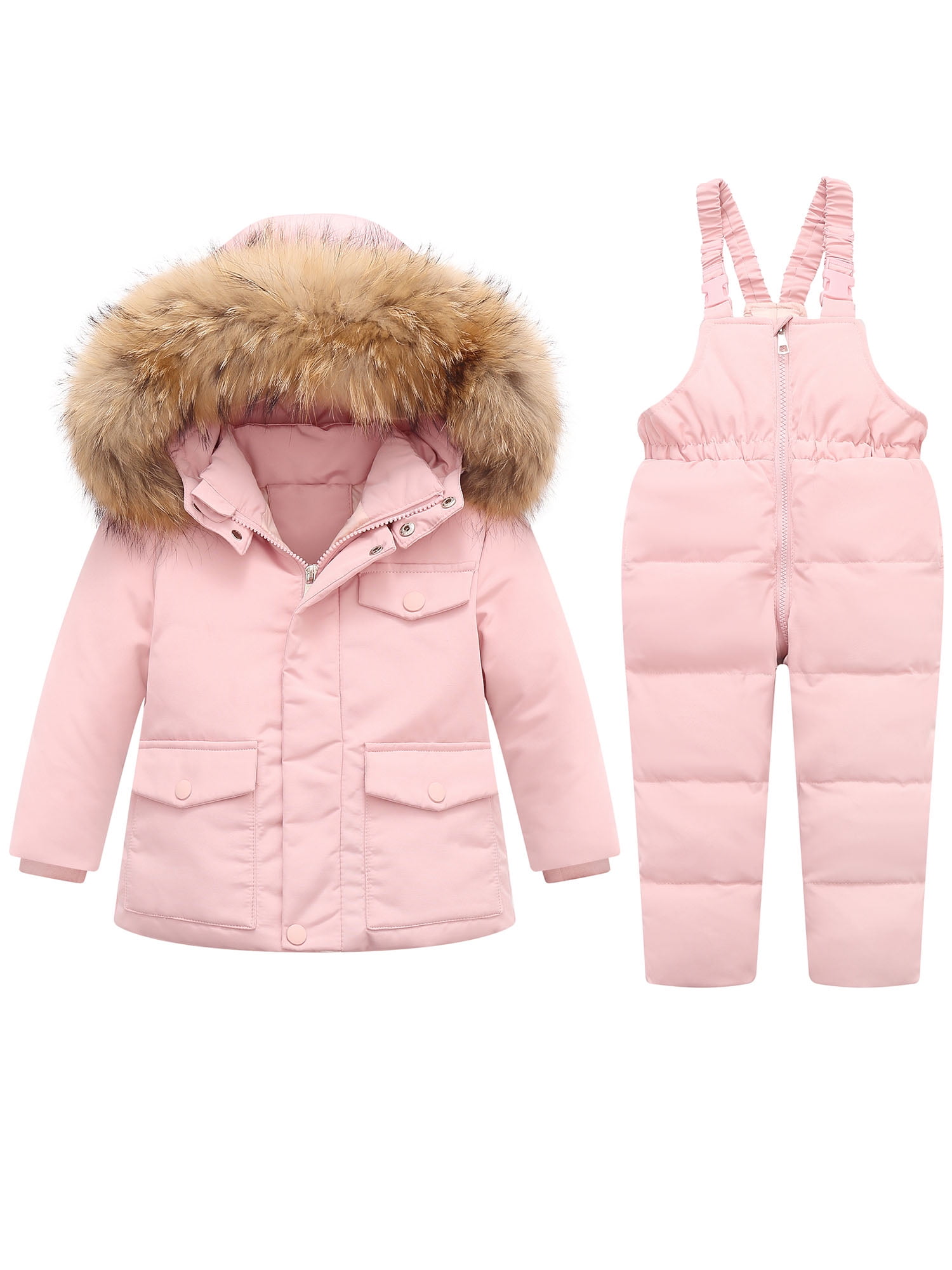 CARETOO Toddler Girl Snowsuit 2Pcs Kids Jacket Long Sleeve Coat Bib Pants Windproof Skiing (2T