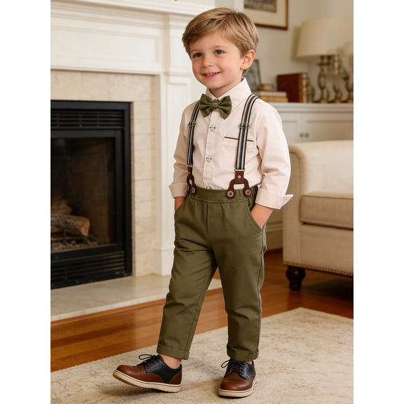 CARETOO Toddler Boys Suit Boys Formal Outfit Set Dress Shirt Bowtie Suspender Pants 1-5T Baby Boy Church Christening Wedding Easter Clothes 3T