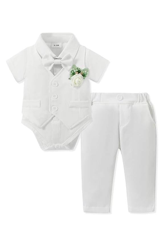 O Baby Boy Clothes Suits Infant Outfit Collared DressShirt+Vest+Tie+Corsage+Pants 5Pcs Baby Suit Sets
