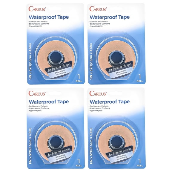 CAREUS Waterproof Medical Tape, 1"x 5 Yds, Flexible Foam Tape for Secures Bandages & Keeps Wounds Dry, Blue, 4 Rolls