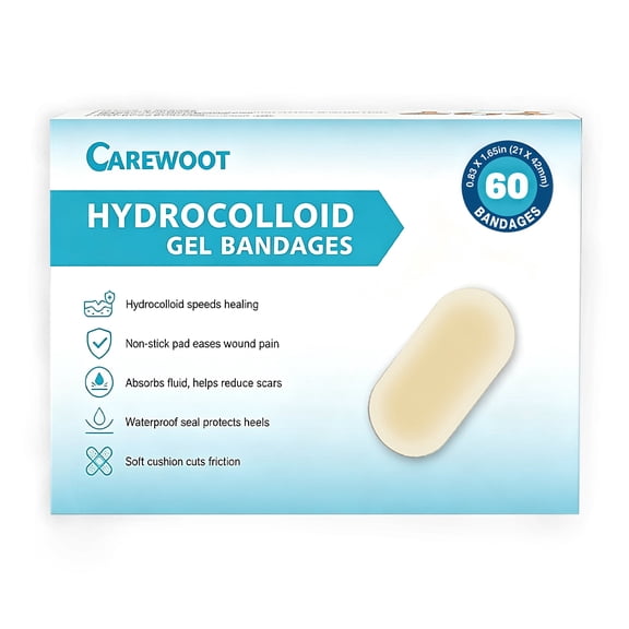 CAREWOOT 60 Pack Advanced Healing Hydrocolloid Gel Bandages 0.83'' x 1.65'' - Waterproof Wound Care Soft Pads for Minor Cuts & Scrapes