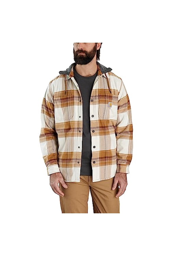MENS RUGGED FLEX RELAXED FIT FLANNEL FLEECE HOODED SHIRT JAC 3XL BROWN