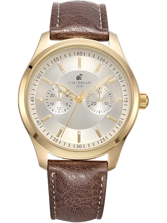 Carribean Joe Men's Analog Watch, Gold-Tone Round Case,Quartz Movement, Decorative Subdial Design, Brown Vegan Leather Strap Wrist Watch for men