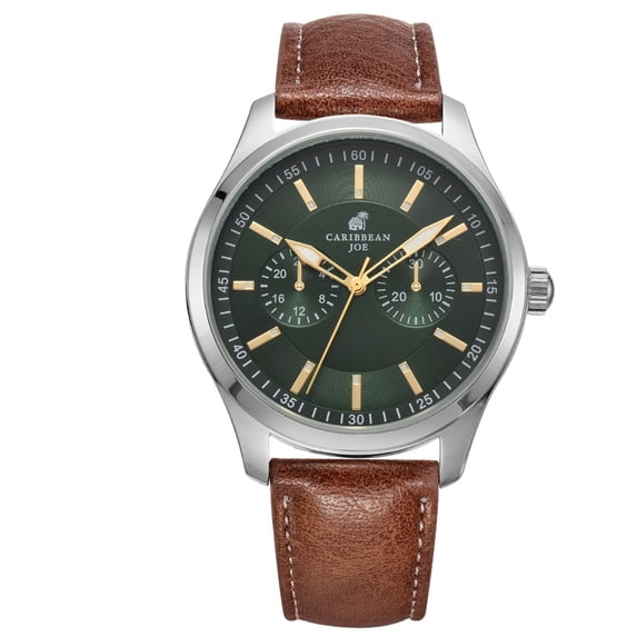 Carribean Joe Men's Analog Watch, Green -Tone Round Case,Quartz Movement, Decorative Subdial Design, Brown Vegan Leather Strap Wrist Watch for men