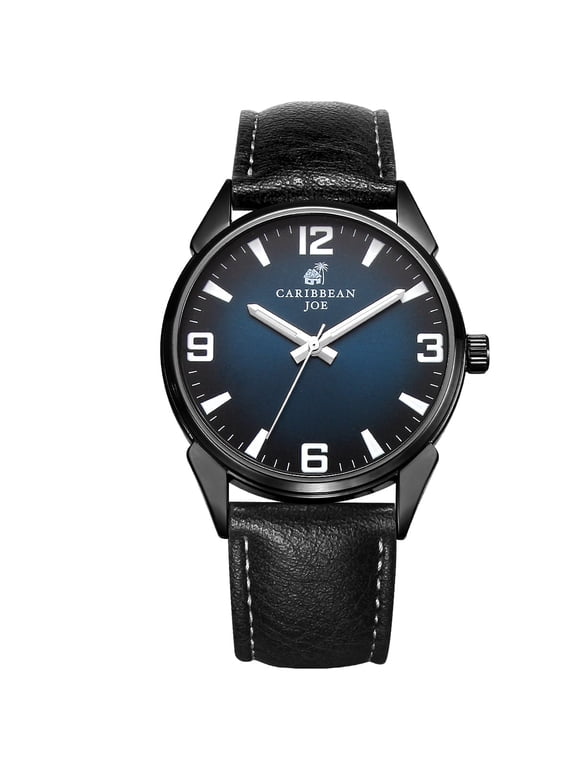 Carribean Joe Men's Analog Watch, Quartz Movement,Gunmeal Round Alloy Case, Decorative Blue Sunray Dial,Black Vegan Leather Strap, Casual Dress Fashion Wrist Watch for Men