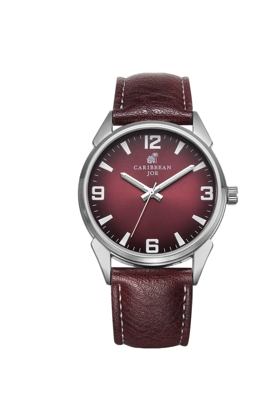 Carribean Joe Men's Analog Watch, Quartz Movement,Silver Round Alloy Case, Decorative Red Sunray Dial, Burgundy Vegan Leather Strap, Casual Dress Fashion Wrist Watch for Men