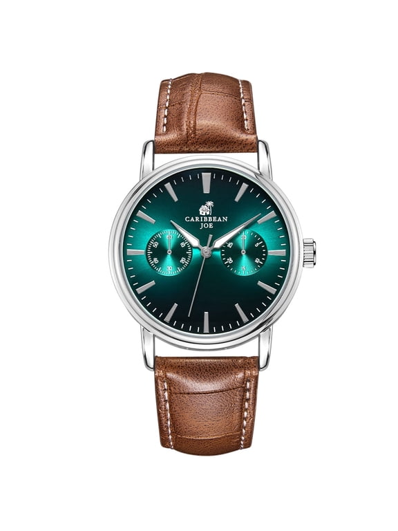CARRIBEAN JOE Men's Analog Watch, Teal Gradient Sunray Dial, Silver Round Case, Brown Vegan Leather Strap, Quartz Movement, Casual Dress Fashion Wrist Watch