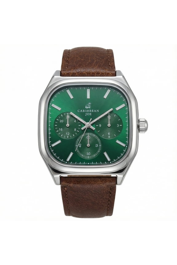 CARIBBEAN JOE Men's Fashion Watch, 40mm Square Silver-Tone Case, Dark Green Sunray Dial, Brown PU Leather Strap, Analog Quartz Movement Casual Dress Wrist Watch
