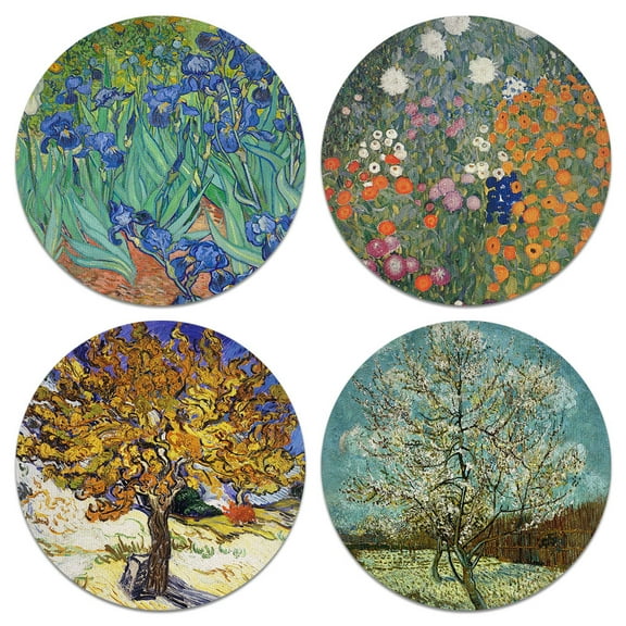CARIBOU Drink Round Fabric Felt Neoprene Coasters Set of 4pcs, Irises Vincent Van Gogh + Gustav Klimt Flower Garden + Van Gogh Mulberry + The Pink Peach Tree By Vincent Van Gogh