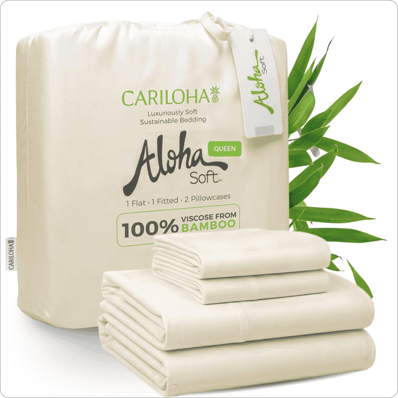 Aloha Soft by Cariloha Bamboo Viscose Sheets – 4-Piece Queen Sheet Set – 16 in Deep Pockets – Buttery Soft Cooling Sheets – Natural