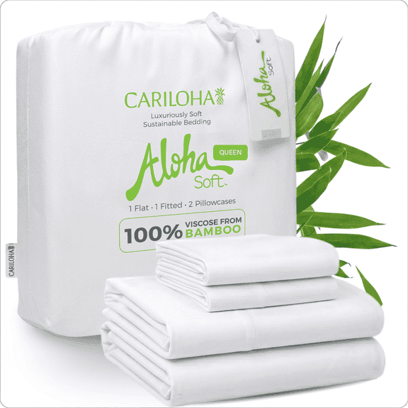 Aloha Soft by Cariloha Bamboo Viscose Sheets – 4-Piece Queen Sheet Set – 16 in Deep Pockets – Buttery Soft Cooling Sheets – White