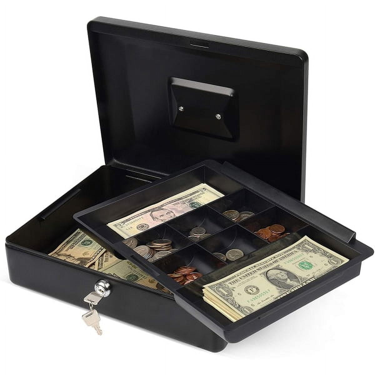 Black Steel Security Cash Box with Removable Tray