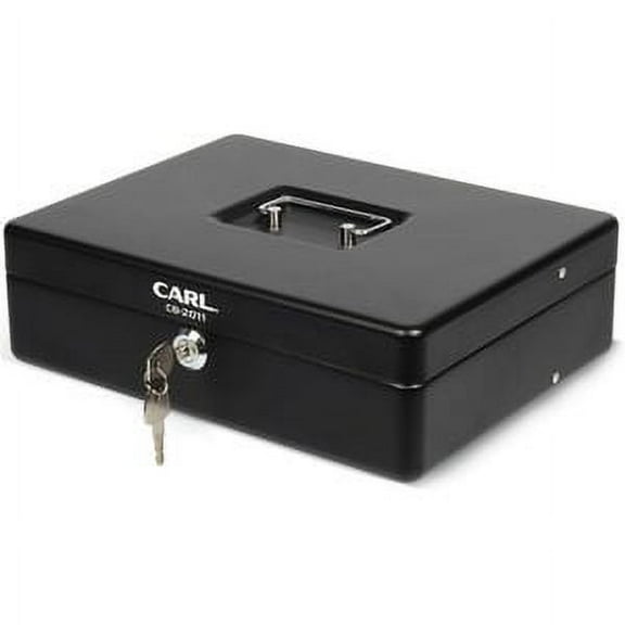 CARL Steel Security Cash Box with Hinged Lid, 4 Bill Slots and 5 Coin Slots, 4" x 10" x 4", Black