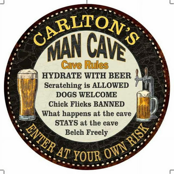 CARLTON'S Man Cave Rules 14" Round Metal Sign Garage Wall Decor 100140010378