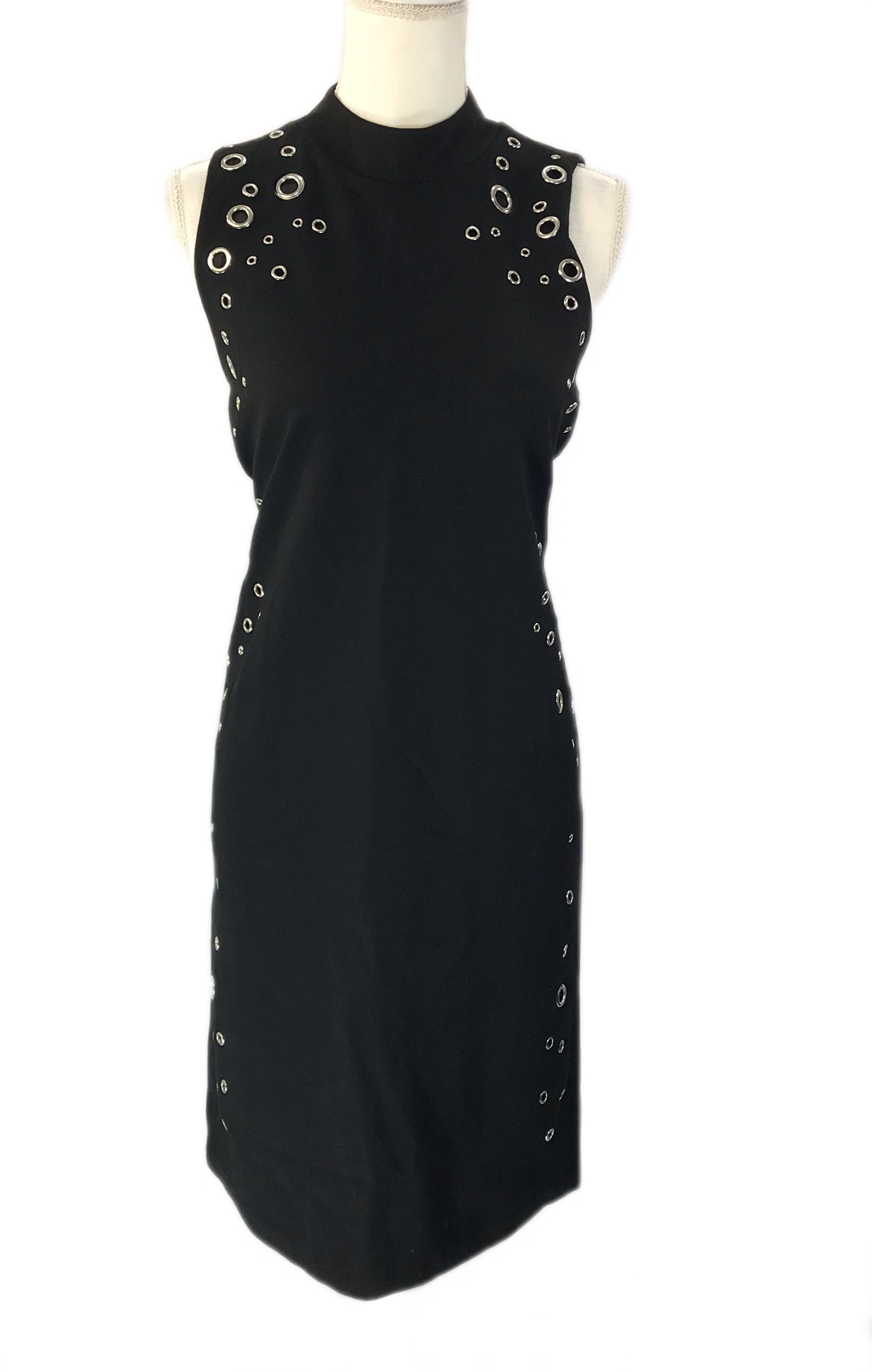 Carmen Marc Valvo Black Grommet Ponte Sheath Dress Size 6