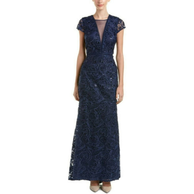 CARMEN MARC VALVO Womens Navy Sequined Cap Sleeve V Neck Full Length Evening Fit Flare Dress 4 Walmart