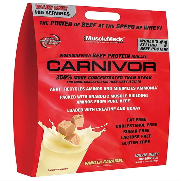 MuscleMeds Carnivor Bioengineered 23g Beef Protein Isolate Powder, Vanilla Caramel, 7 Pounds, 100 Servings