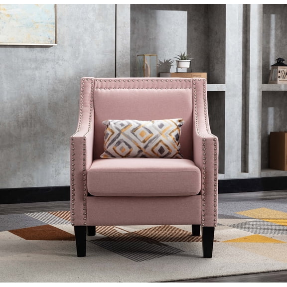 CAROCC Accent Armchair Living Room Chair with Nailheads and Solid Wood Legs Pink Linen