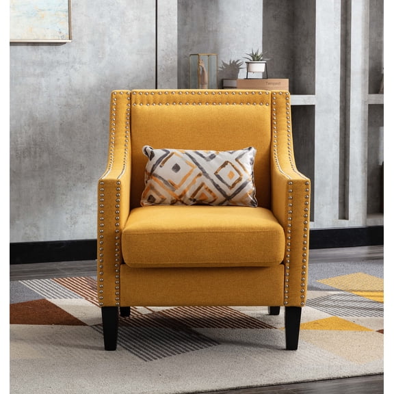 CAROCC Accent Armchair Living Room Chair with Nailheads and Solid Wood Legs Yellow Linen